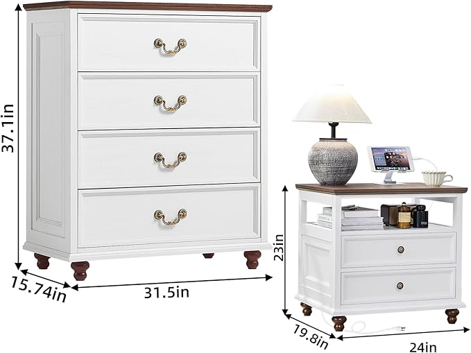 24" Wide Farmhouse Nightstand with Charging Station Set of 2,54" 7 Drawers Dresser, 37" Tall Rustic Chests of Drawers, Farmhouse Furniture Series for Bedroom,White