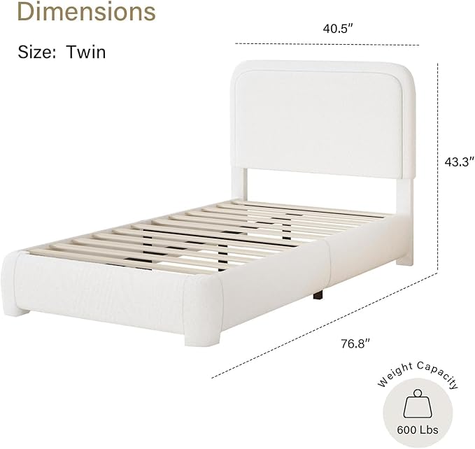 BarnFurin Twin Bed Frames with Headboard,Cloud Boucle Upholstered Platform Bed, Modern Style, Soft Rounded Corners, No Box Spring Needed, Easy Assembly, White