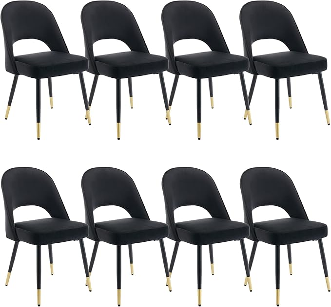 DUOMAY Modern Dining Chair Set of 8 with Open Back, Velvet Upholstered Armless Chair with Metal Frame Side Chair for Kitchen Dining Room Living Room, Black