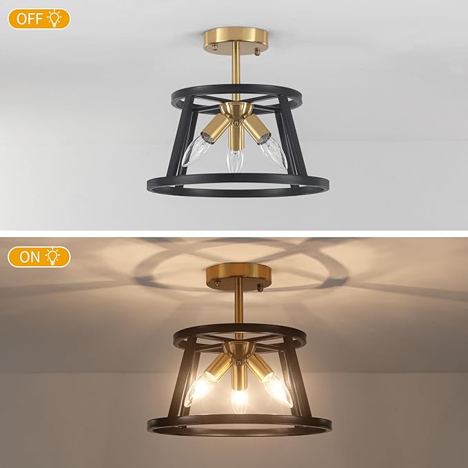 Modern Black and Brushed Gold Semi Flush Mount Ceiling Light, 3 Lights Industrial Close to Ceiling Light Fixtures, 12.59" Ceiling Lamp for Hallway Entry Laundry Bedroom Kitchen Lighting, UL Listed