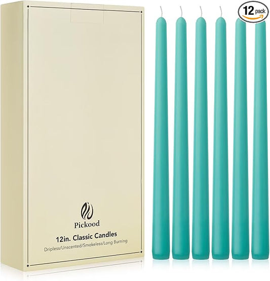 New Burning Formula Unscented Dripless 12-Inch Taper Candles Set of 12 - Turquoise, for Wedding, Dinner - Smokeless, Long Burning - Hand Poured, Colored Tall Candlesticks - Turquesa