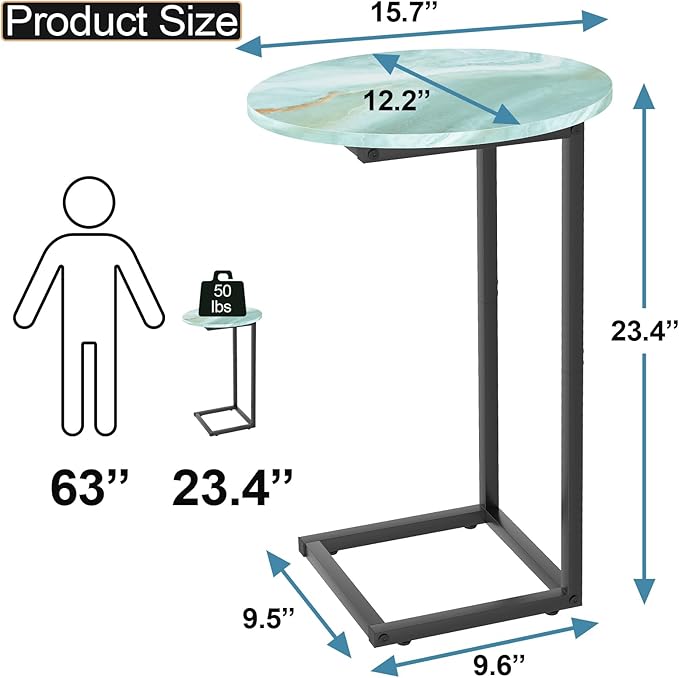 C Shaped End Side Table, Small Oval Couch Sofa Table for Bed, Snack Side Table with Metal Frame, TV Tray Table with White Marble for Small Space, Living Room, Bedroom, Bedside(Sea Blue)