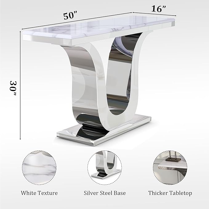 Silver Console Table, White and Silver Living Room Sofa Table, 50" Modern Console Table for Entryway, Living Room, Office, Foyer, Front Hall, Hallway