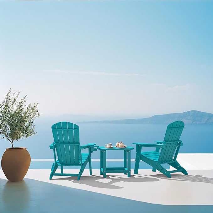 Plawdlik Folding Adirondack Chair, SGS Tested, Wooden Textured with Cup Holder, Heavy All-Weather HDPE Comfortable Set Poolside Backyard Lawn Aruba Blue Set 2