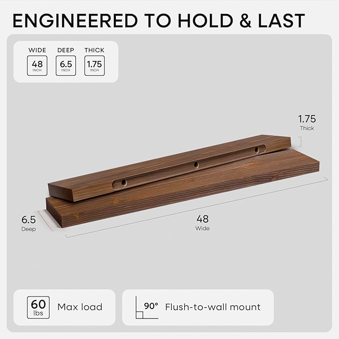 Homeforia Classic Walnut 48 inch Floating Shelf, High End Solid Real Wood Small 48inch Floating Shelves for Wall Mounted, 48in Floating Shelves, Heavy Duty Bracket, 48 X 6.5 X 1.75 inches, Set of 3
