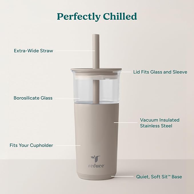 REDUCE Aspen 20 oz Vacuum Insulated Glass Tumbler with Lid & Extra Wide Straw - Keeps Drinks Cold for 12 Hrs - Ideal for Iced Coffee, Smoothies & Boba - Dishwasher Safe, Soft Base - Sand
