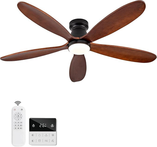 52 Inch Ceiling Fans with Lights and Remote, Low Profile Flush Mount Modern Wood Ceiling Fan with Light, 5 Blades, Dimmable, Wall Switch, Indoor Outdoor Black Ceiling Fan for Bedroom