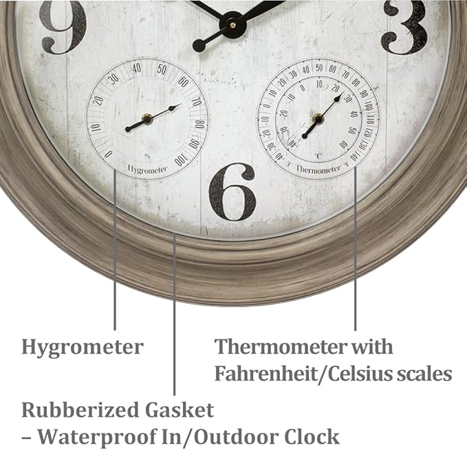Presentime & Co. 26" Clifton in/Outdoor Farmhouse Clock with Thermometer & Hygrometer as All in One Weather Station, Farmhouse Wall Art and Timepiece for Home Decoration, Light Grey Oak Finish