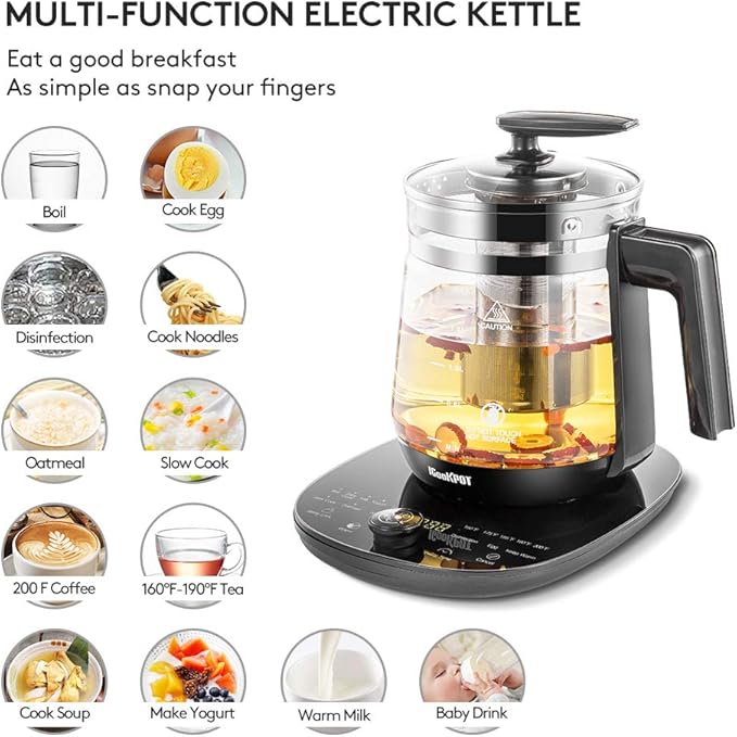 Electric Kettle Temperature Control Glass Tea Kettle Programmable Control Tea Pot, 2 Liter Stainless Steel Tea Maker & Coffee Kettle with Tea Infuser, Egg Cooker and Yogurt Box, BLACK