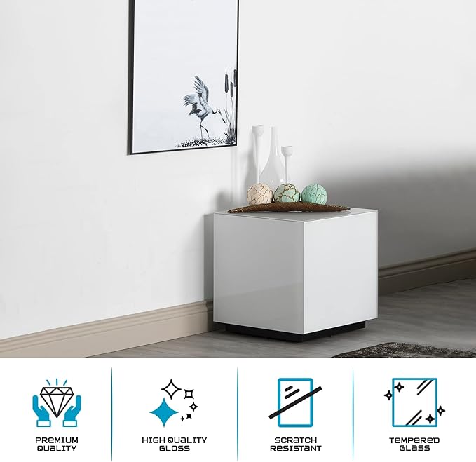 SONOROUS Premium Tempered Glass Side Table - Luxury Nightstand & Bedside Table for Bedroom or Living Room - High Gloss End Table in White Finish - Sleek Cube Design with Fingerprint Resistant Glass