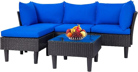 FDW 5 Pieces Patio Furniture Sets Outdoor Sectional Sofa Wicker Chair Rattan Conversation Set for Outdoor Backyard Porch Poolside Balcony Garden Furniture with Coffee Table,Blue Cushion