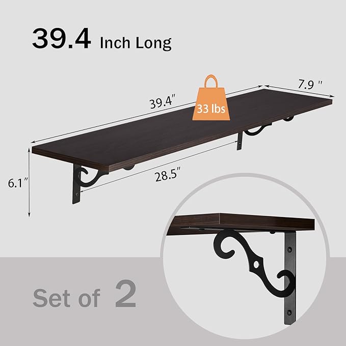 DINZI LVJ Long Wall Shelves, 39.4" Large Floating Shelves Set of 2, Farmhouse Display Shelf Wall Mounted with Heavy Duty Brackets, Easy Assembly for Kitchen, Bathroom, Bedroom, Balcony, Espresso