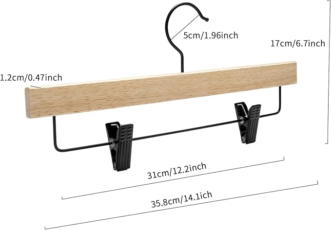 Nature Smile Deluxe Wooden Pants Hangers,Solid Rubber Wood Jeans Skirt Hanger with Blacak Hook Pack of 20(Natural Varnished)