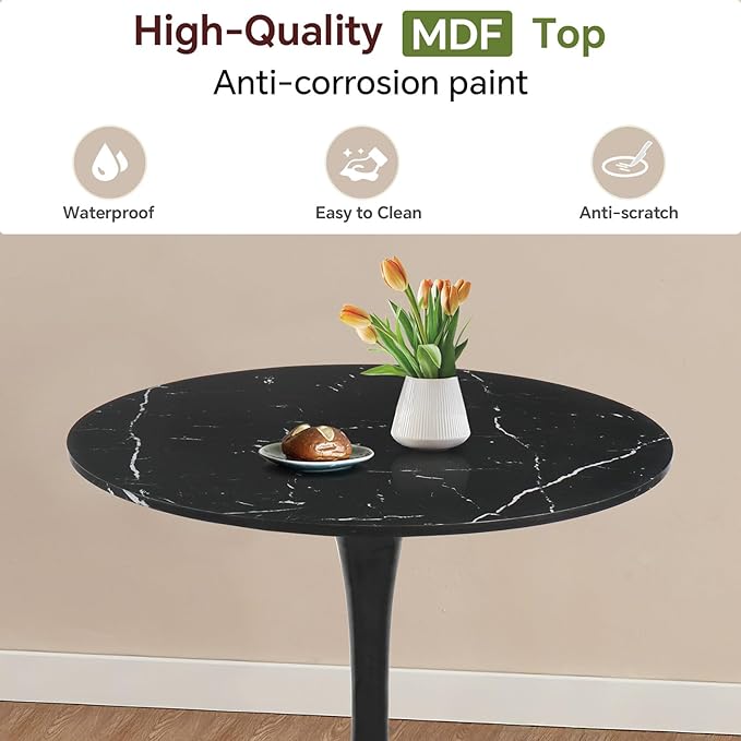 Small Space 27.5 Inch Black Faux Marble Round Tulip Dining Table - Mid Century Pedestal Base Kitchen Table for 2-4 People - Easy Assembly & Easy to Clean