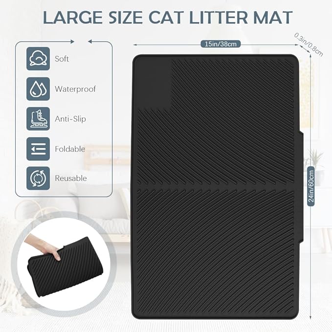 Cat Litter Mat, Silicone Kitty Litter Mat Waterproof Litter Catcher Mat, Litter Box Mat, Cat Litter Trapper for Floor, Anti-Slip and Easy to Clean (Black)