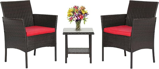 FDW 3 Piece Bistro Conversation Set Patio Brown Wicker Chairs Furniture Outdoor Furniture Set 2 Rattan Chairs with Red Cushions and Glass Coffee Table for Porch Lawn Garden Balcony Backyard