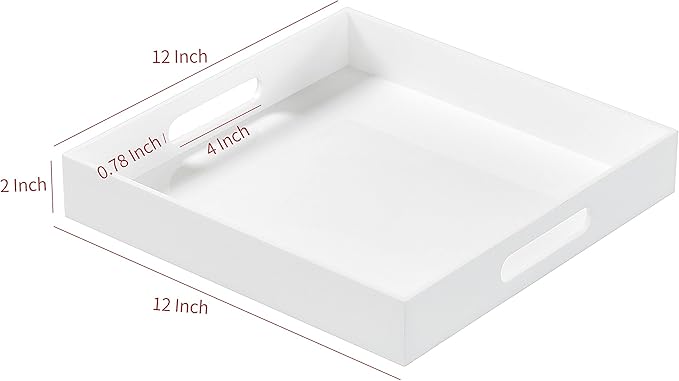 Glossy White Acrylic Serving Tray with Handles-Acrylic Tray for Ottoman,Coffee Table, Breakfast, Tea, Food, Butler - Decorative Tray (12x12x2H Inch with, White)