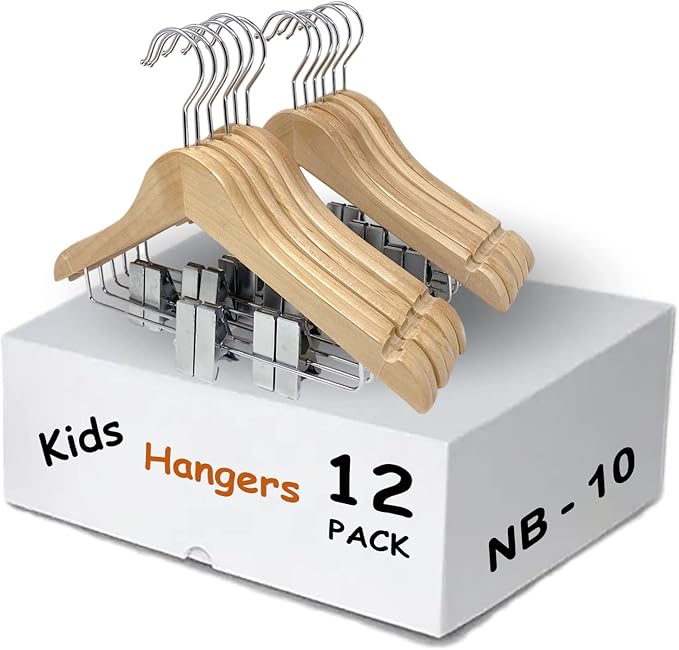 Kids Hangers with Metal Clips Pant Bar 4T-10 (Natural Wood)