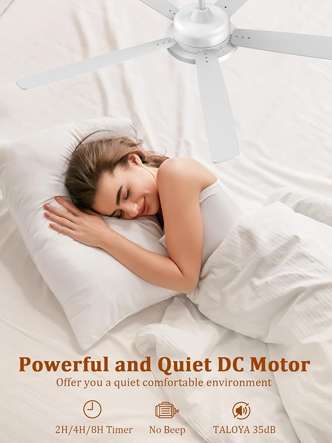 TALOYA Large Ceiling Fans with Lights and Remote, Reversible Quiet DC Motor, 6 Speeds, 3CCT, Dimmable, 62 inch White Modern Ceiling Fan for Patios, Living room, Bedroom, Farmhouse, Indoor, Outdoor