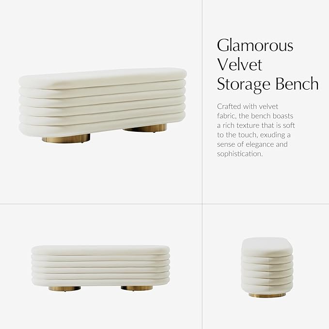 HULALA HOME Velvet Storage Bench, Large Upholstered Ottoman with Button Tufted Design for Living Room, Bedroom, Entryway, or Window, End of Bed Bench with Shoe Storage, Modern Home Decor, Ivory