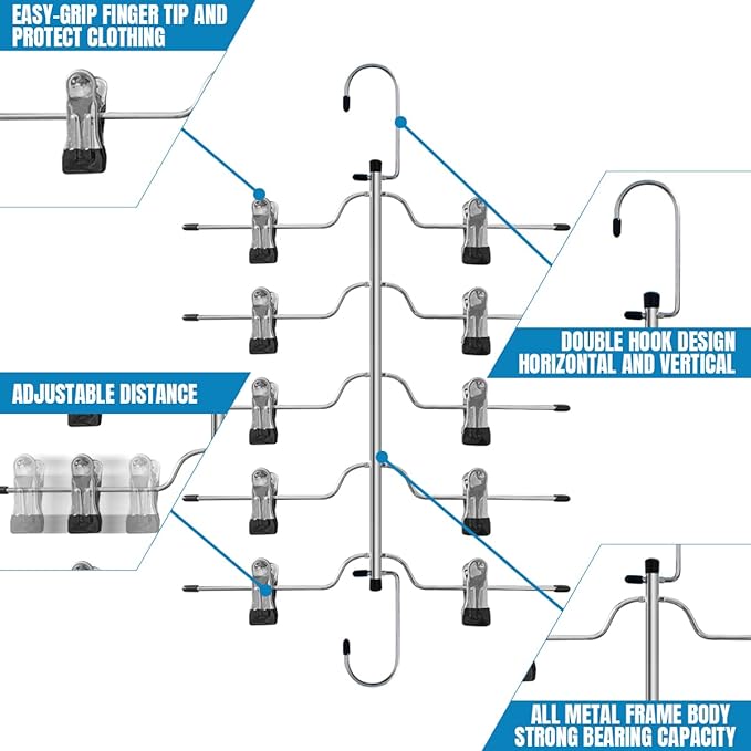 5 Tier Metal Skirt Hangers for Women, Pants Hanger Space Saving with Non Slip Adjustable Clips,Durable Heavy Duty Trouser Hangers for Jeans, Slacks, Shorts - 2 Pack