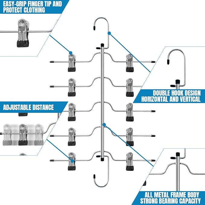 4 Pack Metal Pants Skirt Hangers Organizer,5 Tier Space Saving Hangers with Adjustable Non Slip Clips, Heavy Duty 360 Degree Swivel Hook, Gain 80% More Space for Slacks, Trousers, Shorts, Jeans