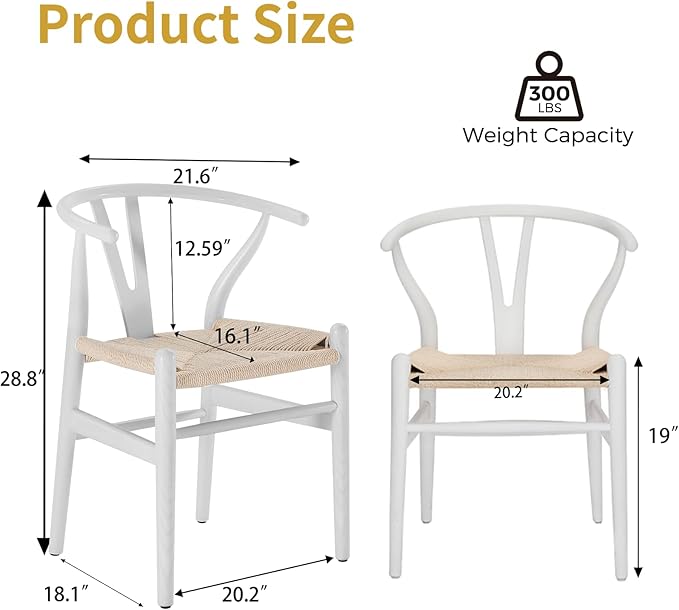 Wishbone Chair Natural Solid Wood Dining Chair/Hans Wegner Y Chair Rattan and Wood Accent Armrest Chairs Set of 2 (Ash Wood - White)