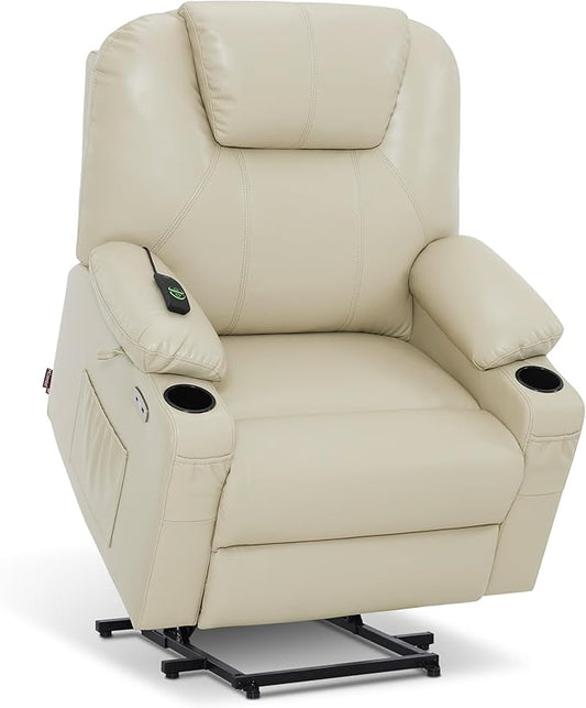 MCombo Extra Wide Power Lift Recliner Chair for Elderly, Lift Chair with Heat and Massage for Big People, USB&Type C Ports, Cup Holders, Faux Leather R7045 (Cream White, Medium-Wide)