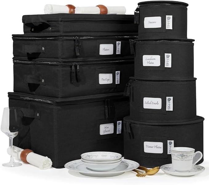 Hard Shell China Storage Containers 8-Piece Set Moving Boxes for Dinnerware, Glasses, Plates, Mugs and Saucers Sturdy Dish Organizer with Dividers for Seasonal Storage - Service for 12 - Black