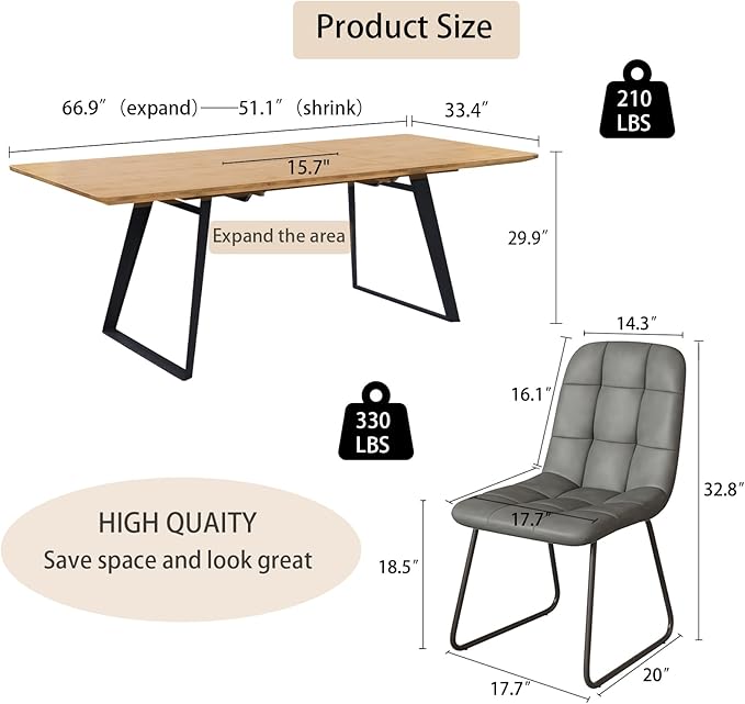 ZckyCine Modern Dining Table and Chair Set for 4 – Rectangular Expandable Wooden Table, Space-Saving Multifunctional Design for Small Spaces