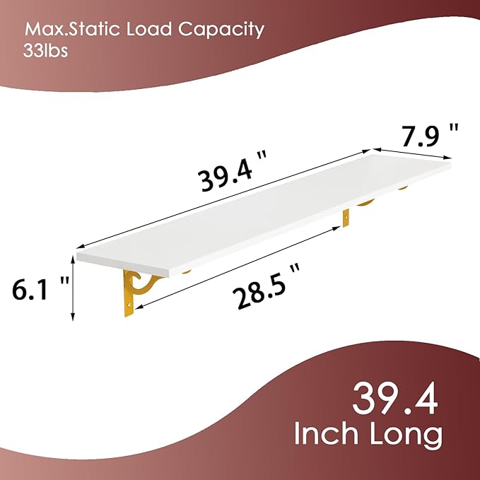 DINZI LVJ Long Wall Shelves, 39.4" Large Floating Shelves Set of 4, Farmhouse Display Shelf Wall Mounted with Heavy Duty Bracket, Easy Assembly for Kitchen, Bathroom, Bedroom, Balcony, White and Gold