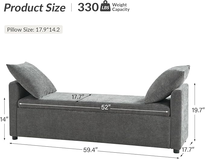 HULALA HOME Modern Storage Bench with Throw Pillows, 59.4" Extra Long Bedroom Ottoman Bench for End of Bed, Comfy Upholstered Footstool for Entryway Dining Room Living Room, Charcoal