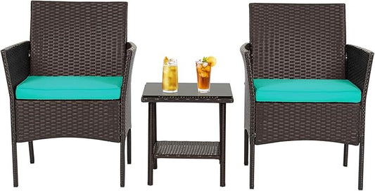 FDW | 3-Piece Patio Furniture Set | Brown & Blue | Outdoor Wicker Furniture with Coffee Table | Modern Rattan Chairs Conversation Set | Outdoor Seating | Weather-Resistant | for Porch, Garden, Lawn
