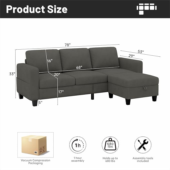 79''Couches for Living Room,Cloud Couch Sectional,L-Shaped 4-Deep Seat Sofa,Removable Cover,Suitable for The Living Room, Apartment or Bedroom,Office-Light Gray