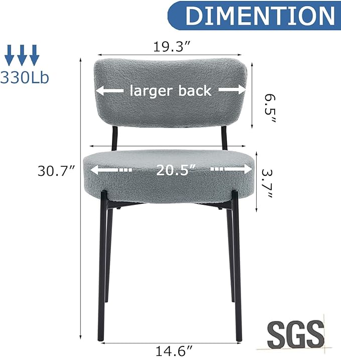 Grey Boucle Dining Chairs Set of 6, Upholstered Dinner Chair with Metal Frame, Dining Room Chairs with Padded Seat, Round Modern Seating for Living Room