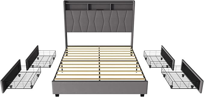 Queen Bed Frame, Velvet Upholstered LED Platform Bed with Headboard Storage, Queen Bed Built-in Charging Station with 4 Drawers, Wood Slat Support, No Box Spring Needed, Grey