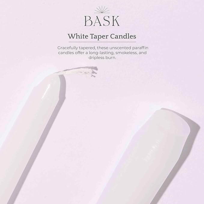 Bask 10-inch Taper Candles - Unscented and Dripless - Burns for 8 Hours - Home Decor for Dinner Table, Kitchen, and Bedroom - Perfect for a Romantic Date or Anniversary - 12-Pack - White