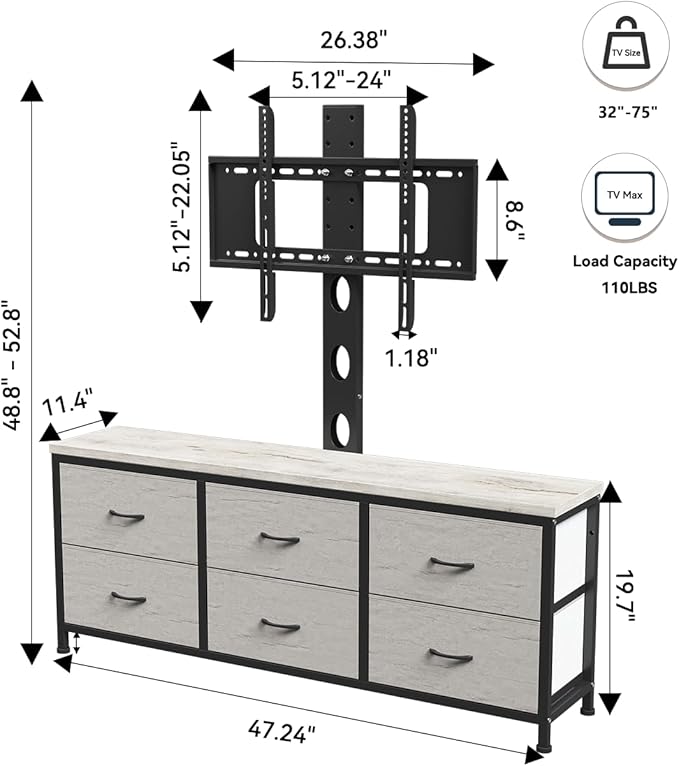 TV Stand with Mount, Fabric Dresser with 6 Drawers for 32/45/55/60/65/75 inch TVs, Dresser Entertainment Center, Modern Media TV Console Table