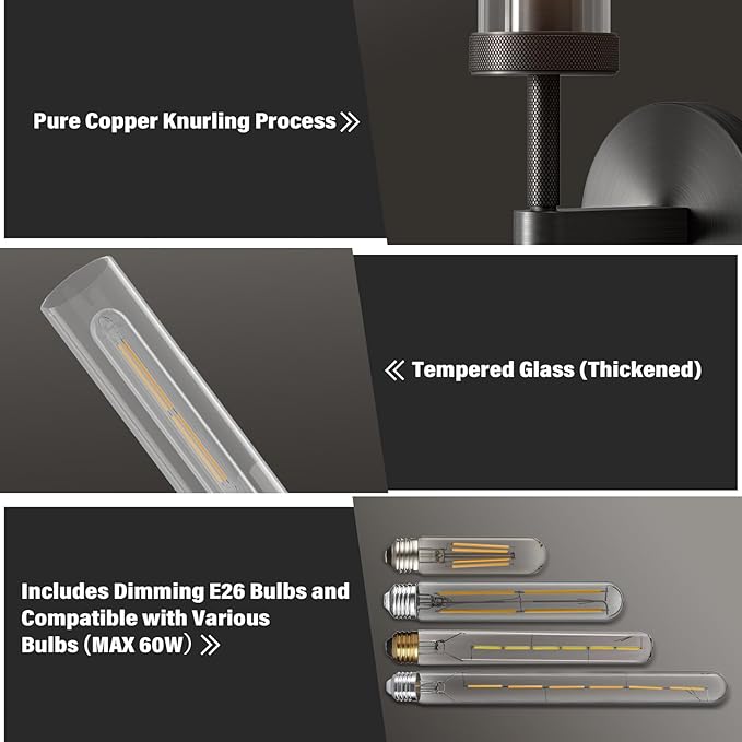 Brass Wall Sconces, 30in Black 2-Light Double Glass Sconces Wall Lighting, Bathroom Knurled Vanity Light Sconces, Wall Lights for Living Room Bedroom（Including Bulb）