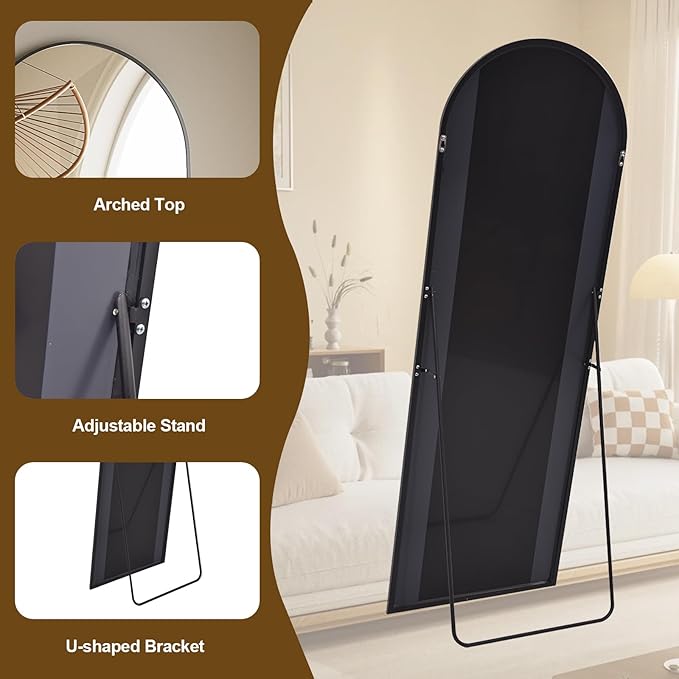 Full Body Mirror 26x71 inch Arched Full Length Mirror with Stand Aluminum Wall Mounted Hanging or Leaning Standing Mirrors, Black