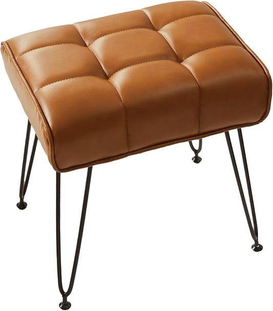 PU Leather Vanity Stools, Vanity Stool Chairs for Makeup Faux Leather Foot Stools Ottoman with Metal Leg Make up Chairs for Vanity Small Bench Seat for Living Room Bedroom (Yellow Brown)