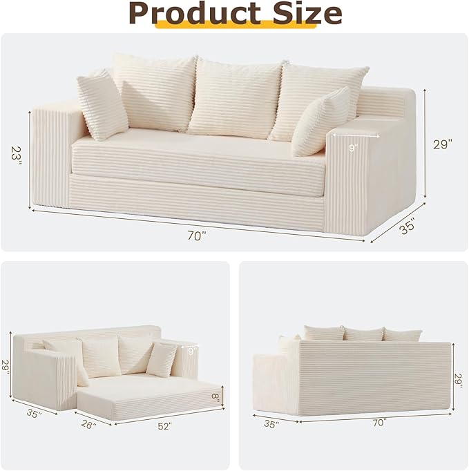 3 Seater Boneless Couch for Living Room, Convertible Futon Sofa Bed Comfy Pull Out Couch with 5 Pillows & Detachable Washable Cover, Upholstered Floor Sofa in A Box, No Assembly Required, Beige