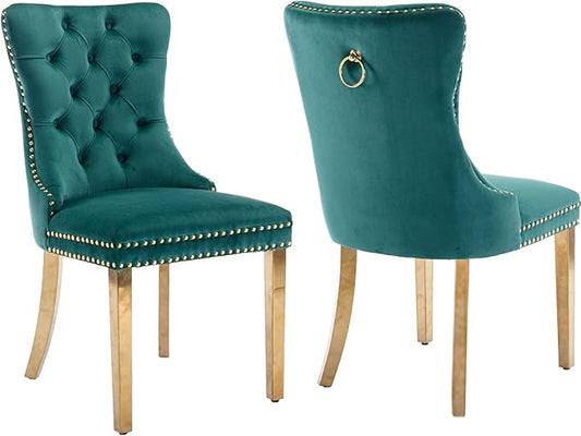 Luxury Upholstered Dining Chairs Set of 2, Green Kitchen Chair with Golden Metal Legs, Velvet Tufted Back Dining Chair, Sillas de Comedor, Modern Kitchen & Dining Room Chairs (Green, 2 Pcs)