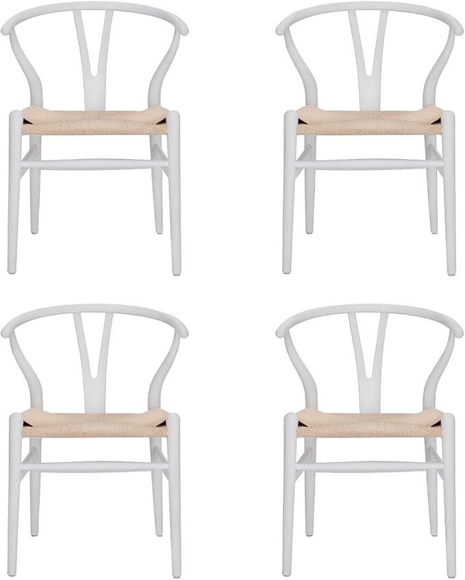 Tomile Wishbone Chair Y Chair, Wooden Dining Chairs Set of 4, Mid Century Modern Chairs with Arms, Solid Wood Weave Seat Kitchen & Dining Room Chairs (Ash Wood - White)