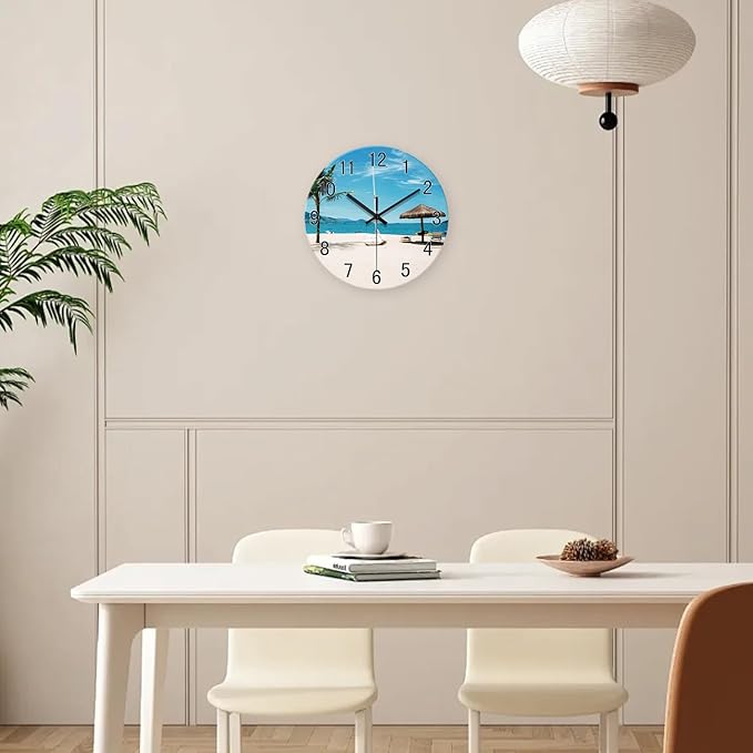 XFM Summer Beach Wall Clock 12 Inch Silent Non-Ticking Battery Operated Glass Clocks Tropical Hawaii Coastal Wall Clock for Living Room Bedroom Home Office Decor