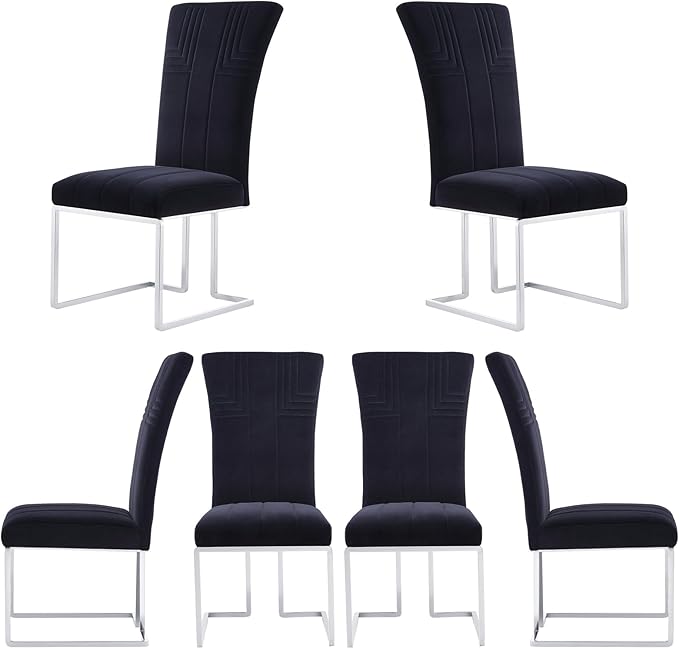 AUZ Dining Chairs Set of 6, Black and Silver Dining Chair with Velvet Upholstery and Mirrored Silver Sled Legs