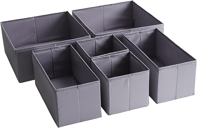 TYEERS Drawer Organizers, Durable Fabric, Washable, with Base Support Boards, Small Storage Boxes for Bathroom, Closet, Dresser, Set of 6, Dark Grey