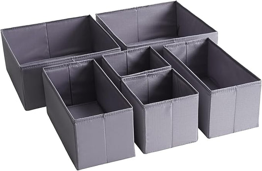 TYEERS Drawer Organizers, Durable Fabric, Washable, with Base Support Boards, Small Storage Boxes for Bathroom, Closet, Dresser, Set of 6, Dark Grey