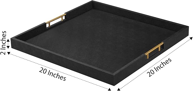 20x20 Inches Large Black Faux Leather Wrapped Wood Ottoman Tray with Handles for All Occasions, Serving Food Breakfast On Bed, Home Decor Decorative, Living Room,Square Coffee Table Organizer