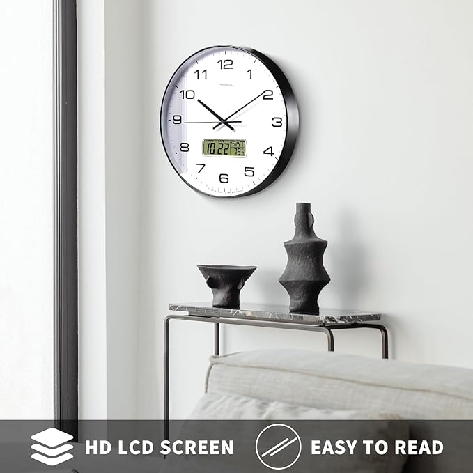 Wall Clock, 13" Dial Non-Ticking Silent Battery Operated Analog with LCD Display for Perpetual Calendar and F° Temperature, Ideal Modern Home, Bedroom, Kitchen, Office Decor(Black)